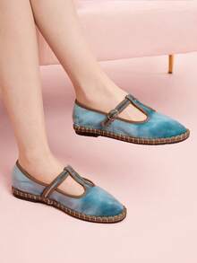 CUCCOO DOLLMOD 女士海军蓝优雅丝绒经典舒适T字带玛丽珍平底鞋 - 水藍色 - 查看 3