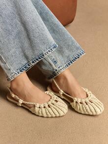 Rosivie 女士手工编织罗马平底凉鞋，闭趾踝带搭扣，适合派对、活动、度假，性感沙滩平底鞋 - 米色 - 查看 7
