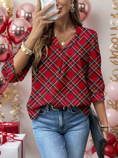 EMERY ROSE Casual Plaid Print Plus Size Long Sleeve Crew Neck, Suitable For Autumn/Winter Parties And New Year,Plaid,Red Blouse,New Year Women.New Year,For New Year,Summer Tops,Summer For Women