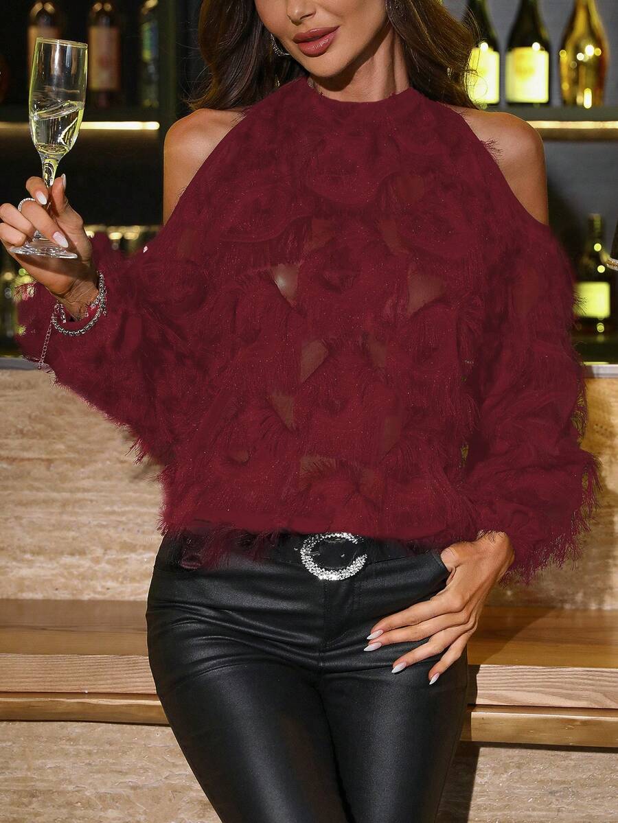 SHEIN Clasi 女士纯色休闲/办公露肩长袖简约纽扣衬衫 - 酒紅色 - 查看 1