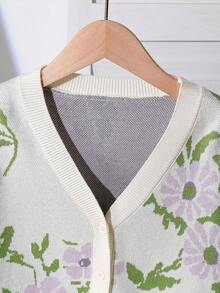 少女百搭时尚紫色花卉针织开衫 - 复古花卉提花，长袖，适合秋冬季节，柔软舒适，时尚百搭，适合日常穿着、节日庆典、外出游玩、旅行度假、居家穿着以及返校季。花卉开衫毛衣，纽扣长袖花卉衬衫，夏季外套 - 杏色 - 查看 3