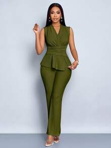 SOLERSUN 女款杏色优雅V领长袖T恤阔腿裤两件套不对称下摆两件套日常休闲女装春夏无袖短袖 - 墨綠色 - 查看 5