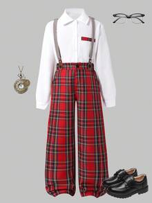 SHEIN 男童休闲百搭背带套装（2件套），腰部饰有3/4黑色纽扣，适合派对、度假、上学、通勤等场合，可搭配夹克、外套。 - 紅色 - 查看 7