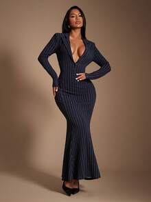 Radiana 女士优雅简约藏蓝色条纹翻领长袖修身连衣裙（带垫肩），复古现代西装裙，长款连衣裙，燕尾服连衣裙，美人鱼连衣裙，条纹连衣裙，休闲商务女装，时尚高端套装，适合休闲外出、通勤、办公室、工作场所、聚会、派对、正式场合。弹力面料，修身显瘦，凸显身材曲线。 - 藏蓝色 - 查看 4