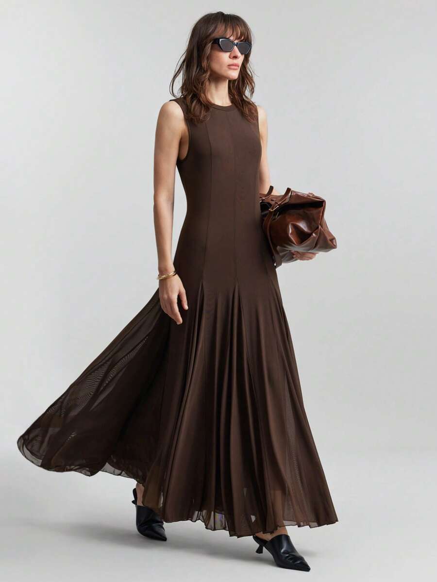 Ontre 2026 Frühling/Sommer Neue Damenmode, Business Lässig Vintage Elegant Vielseitig Basics, Nashville Bekleidung, Valentinstag Outfit, Einfarbiges Träger Camisole für Damen, Stadtverkehr, Business Lässig Damenbekleidung, Hochzeitsgast, Satin Maxikleid in Zartrosa, Damen Strick Strukturiertes Rundhals Khaki Elegantes Abendkleid, Abschlussfeier - Khaki - Übersicht 1