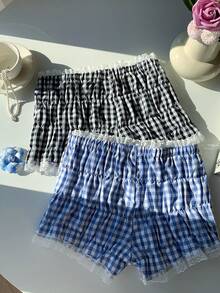 Comfortcana 2025新款极简主义秋季时尚女式休闲蕾丝边格纹短裤，夏季格子休闲女式沙滩短裤，夏季女式褶皱短裤，蕾丝边短裤 - 彩色 - 查看 2