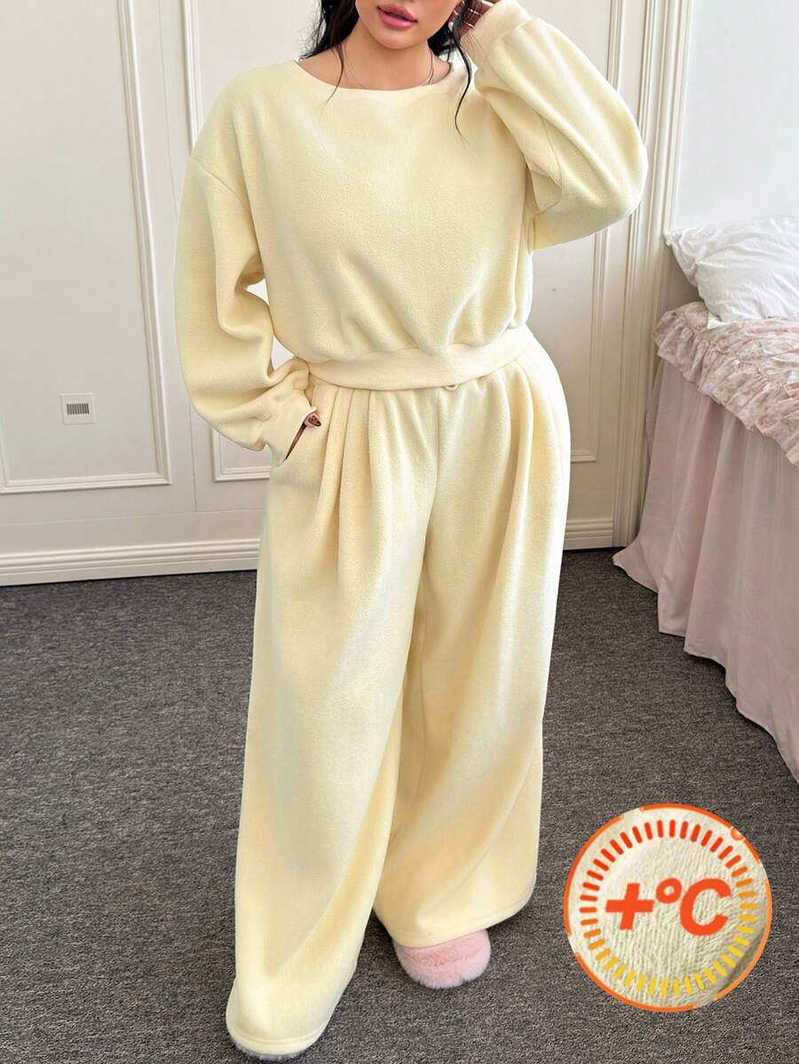 SHEIN EZwear 大码舒适两件套，保暖内衬，芥末黄，秋冬款 - 淡黃色 - 查看 1