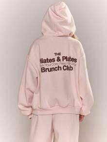 MUSERA Graphic Print Hoodie Tracksuit Top Only Fall Autumn Cosy Jumper Cute Casual Outings Winter  Two Pieces Lounge Set Comfortable Coffee Club Valentines Day - Pink - View 2