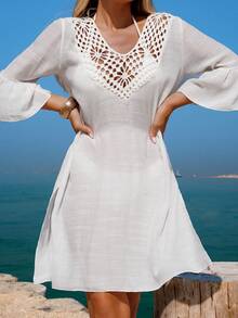 Swim Lushoire Women's Solid Crochet Lace Patchwork Flounce Sleeve Split Hem Bikini Cover Up For Beach Vacation Beach Coverups For Women White Beach Dress Women Boho White Dress Long Sleeve Summer Dress - White - View 2