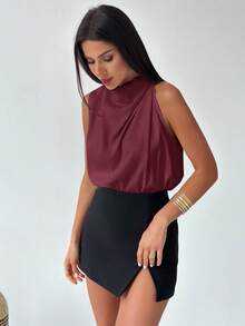 Firerie 女士优雅时尚新款通勤办公日常度假音乐节不对称褶皱杏色衬衫，春夏款 - 酒紅色 - 查看 6