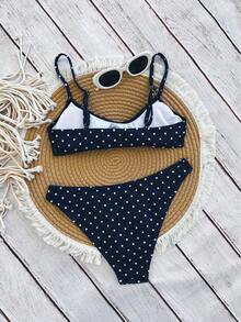 Swim Mod 优雅度假波西米亚风海军蓝白波点可调节肩带V领性感比基尼套装 - 彩色 - 查看 2