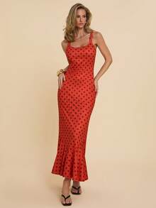 COSMINA 女士优雅波点吊带连衣裙，鱼尾裙摆，适合约会和各种场合，四季皆宜 - 紅色 - 查看 7