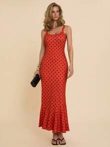 COSMINA 女士优雅波点吊带连衣裙，鱼尾裙摆，适合约会和各种场合，四季皆宜 - 紅色 - 查看 3