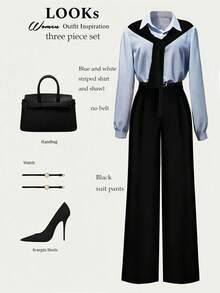 Franclia 法式休闲通勤百搭时尚蓝白条纹长袖纽扣衬衫和黑色直筒裤女式两件套，春秋季，商务休闲装，适合工作和日常穿着