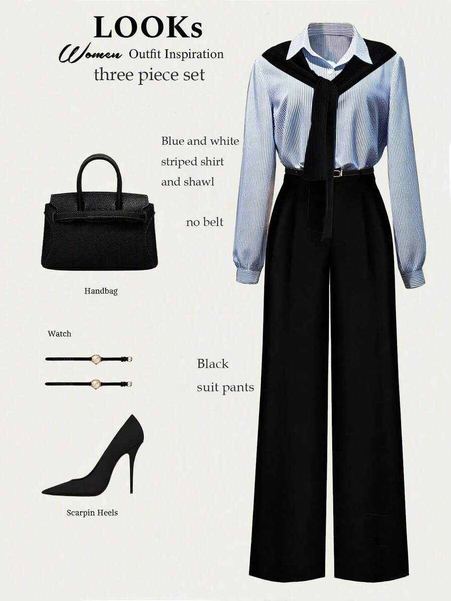 Franclia 法式休闲通勤百搭时尚蓝白条纹长袖纽扣衬衫和黑色直筒裤女式两件套，春秋季，商务休闲装，适合工作和日常穿着