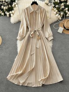 SHEIN Clasi Große Größen Elegantes, lässiges Hemdkleid mit Bindung in der Taille und Falten für Damen, Langarm - Aprikosenfarben - Übersicht 1