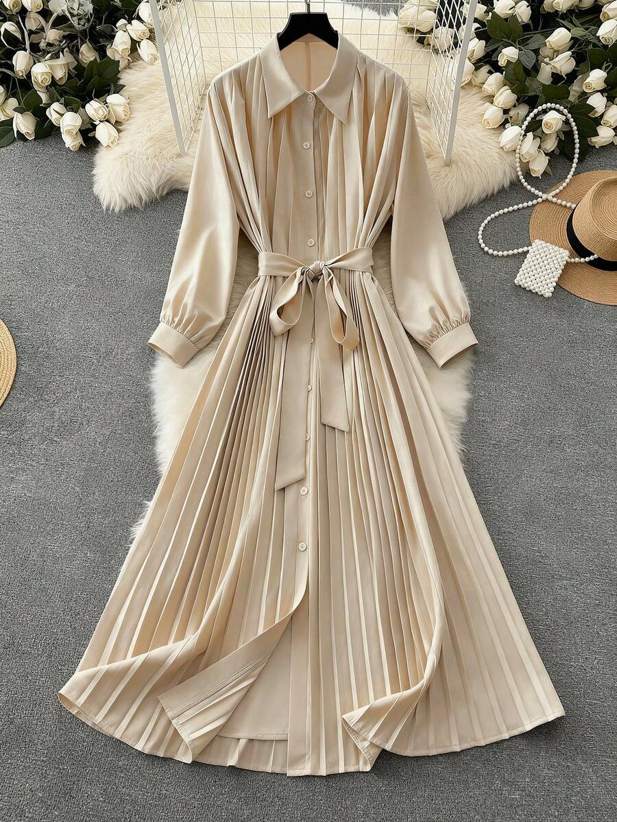 SHEIN Clasi Große Größen Elegantes, lässiges Hemdkleid mit Bindung in der Taille und Falten für Damen, Langarm - Aprikosenfarben - Übersicht 1