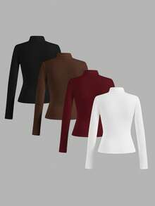 SHEIN Essnce Set de 4 suéteres de cuello alto ajustados y versátiles de unicolor para mujer, para otoño/invierno - Multicolor - Ver 2