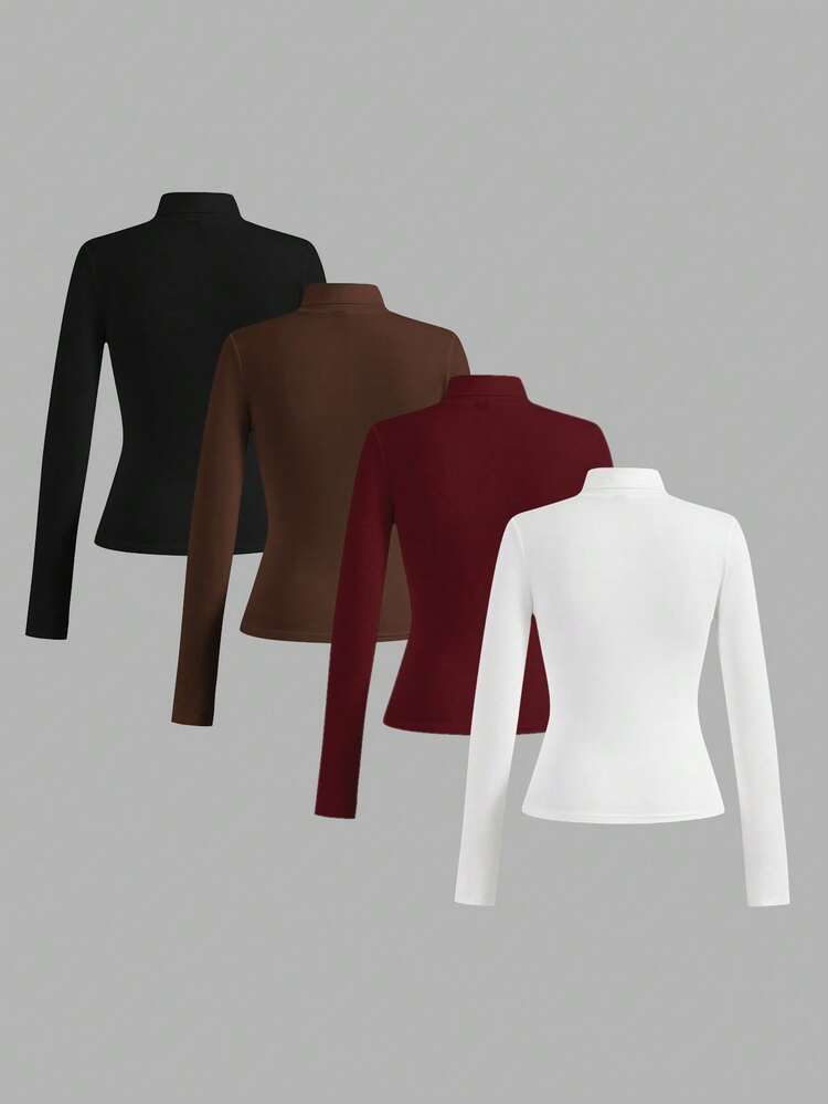 SHEIN Essnce 4pcs/Set Casual Solid Color Versatile Layering Slim Fit Turtleneck Sweater For Women, Autumn/Winter - Multicolor - View 2