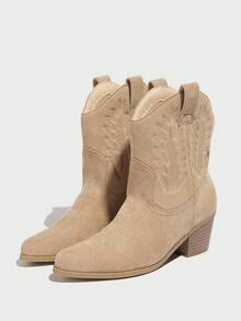 Daringsoles 女式尖头粗跟西部一脚蹬靴，绒面刺绣中跟牛仔踝靴和短靴，杏色 - 杏色 - 查看 3