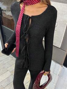 DAZY Women's Solid Color Front Tie Long Sleeve Top And Flare Pants Casual 2 Pieces Set - Black - View 8