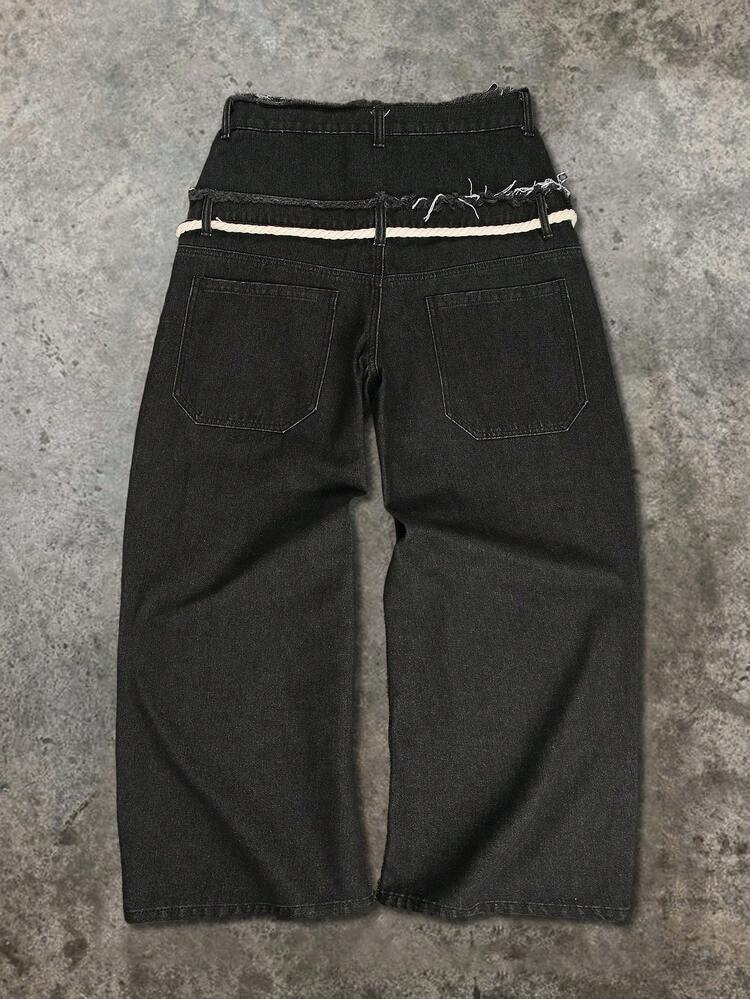 Manfinity EMRG Men's Fashion High Waist Belt Loop Straight Loose Fit Jeans - Black - View 9