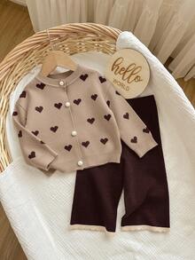 SHEIN Baby Girl Casual Heart Jacquard Cardigan And Knit Pants Set, Autumn/Winter - Khaki - View 6