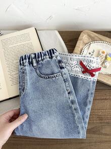 LMoss Kids Young Girl' Bow Trim Loose Fit Blue Denim Pants,Red 3D Bow, Fall Clothes,Winter Clothing , Casual And Fashionable Vacation Outfits,2000s Style  ,Christmas Clothing,Red Bow Denim Pants,Christmas Jeans,Vacation Bow Pants - Light Wash - View 8