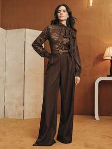 Anewsta 优雅时尚新年圣诞派对约会之夜蕾丝泡泡袖复古女式衬衫，秋冬款 - 咖啡棕 - 查看 4