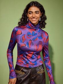 Felipe Marques Maglietta a collo alto a maniche lunghe con stampa floreale da donna, casual per l'autunno/inverno e le vacanze - Viola - Visualizzare 4