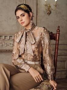 Anewsta Women's Spring New Bow Tie Collar Design Blouse - Champagne - View 3