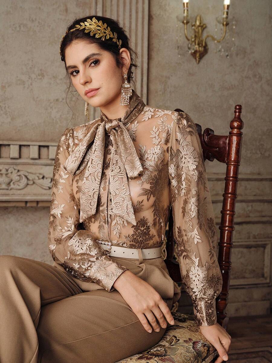 Anewsta 女士春季新款蝴蝶结领设计衬衫 - 香檳色 - 查看 1