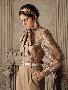 Anewsta Women's Spring New Bow Tie Collar Design Blouse - Champagne - View 1