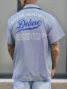 Devon Thys 男士休闲条纹标语印花短袖衬衫，夏季 - 灰色 - 查看 2