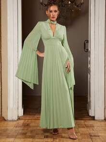Silquee 女士优雅派对纯色褶皱披肩袖连衣裙 - 綠色 - 查看 3
