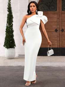 SHEIN Lady Black & White Contrast Bow Accent Long Formal Dress - White - View 3