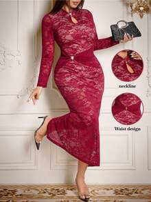 Roveilla Plus Size Women's Elegant Burgundy Autumn Lace Bodycon Maxi Dress,V-Neck Hollow Twist Luxury Cocktail Party Birthday Evening Curve Dress - Burgundy - View 1