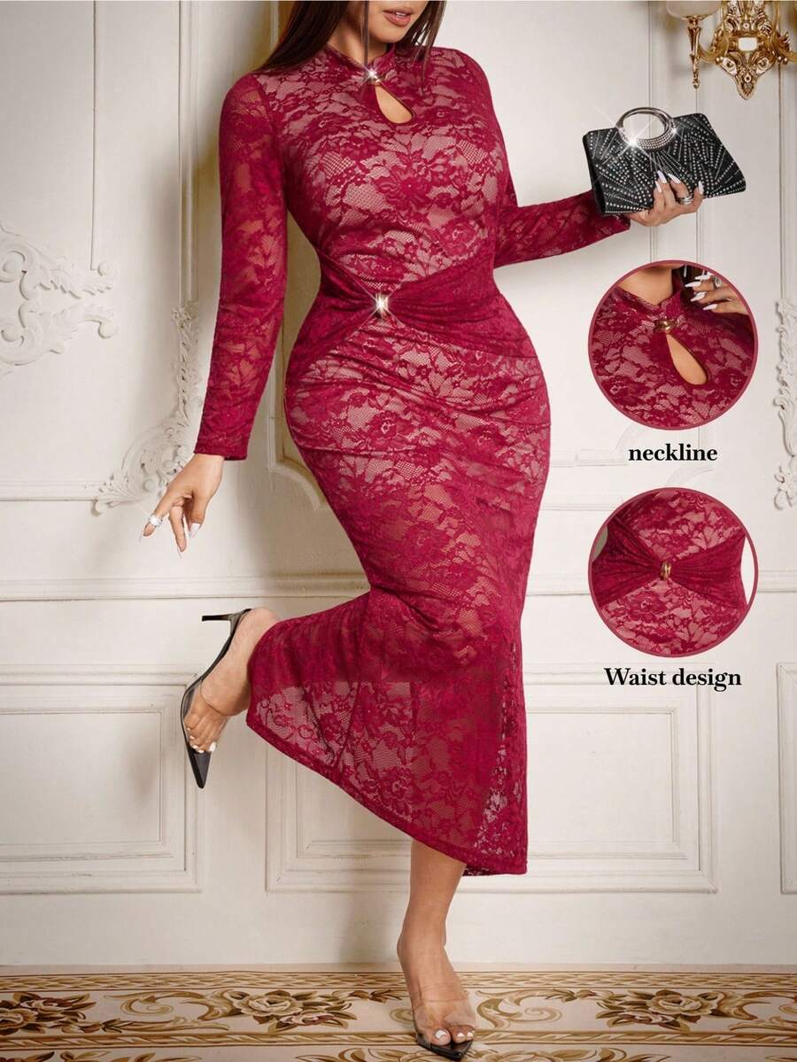 Roveilla Plus Size Women's Elegant Burgundy Autumn Lace Bodycon Maxi Dress,V-Neck Hollow Twist Luxury Cocktail Party Birthday Evening Curve Dress - Burgundy - View 1