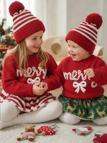 SHEIN 红色圣诞图案，甜美条纹“Merry”刺绣蝴蝶结，女婴休闲简约保暖柔软宽松圆领长袖毛衣，适合秋冬季、圣诞节、新年、假日、舒适季节、圣诞氛围、圣诞礼物、女婴秋冬叠穿、秋冬圣诞毛衣，#新款 - 紅色 - 查看 5