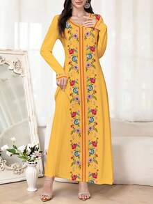 Al Najma 优雅女士V领春秋季针织长袖印花连衣裙，适合约会、度假、日常穿着、休闲、派对、节日等场合，秋季女士长裙，飘逸长裙，印花长裙/复古连衣裙，植物印花连衣裙，黄色连衣裙 - 黃色 - 查看 4