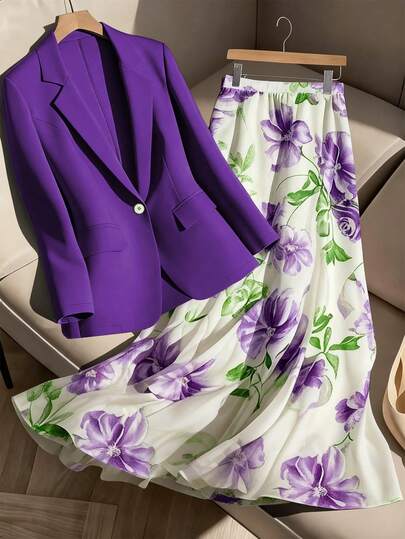 GlowEve CURVE Plus Size Women's Fashionable Commuter Gentle Elegant Floral Print Blazer And Loose A-Line Skirt 2-Piece Set, Business Casual Outfit Blazer Set Women Skirt Suits For Women Two Piece Women Sets Skirt Floral Blazer Blazer Skirt Set  Trajes Elegantes De Mujer Floral Conjunto Alfaiataria Feminina  Spring Outfits For Women