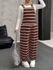 SHEIN EZwear Plus Size Women's Brown & White Ribbed Elastic Fuzzy Ribbed Jumpsuit - Brown - View 4