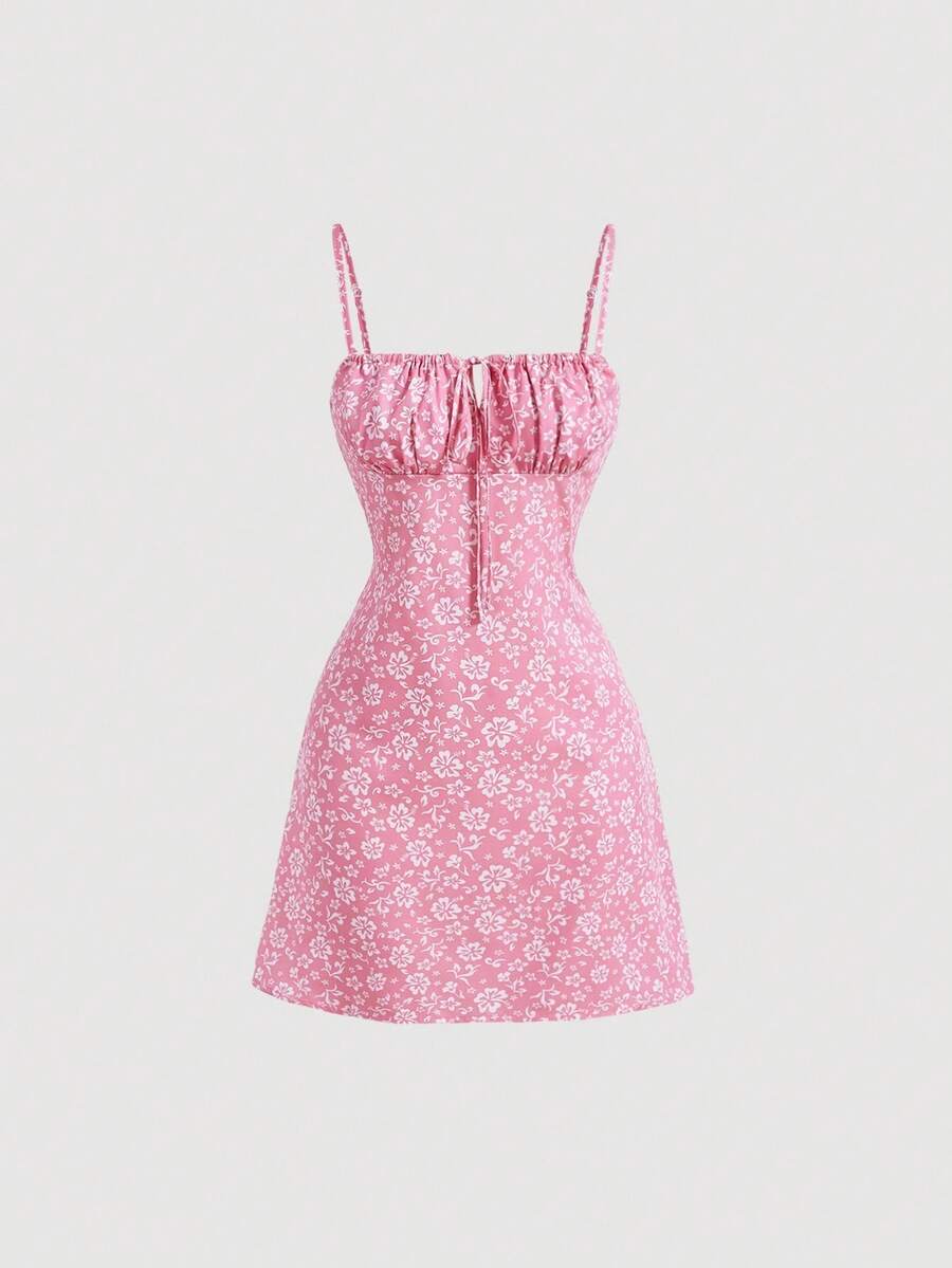 SHEIN MOD Pink Floral Spring Allover Floral Print Ruched Bust Cami Dress - Multicolor - View 1