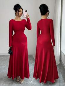 Selianne 2025 Red Autumn Elegant Dining Dress Women's French Style High Elasticity Knit Ruched Split Crew Neck Fitted Vintage Formal Party Wear - Burgundy - View 1