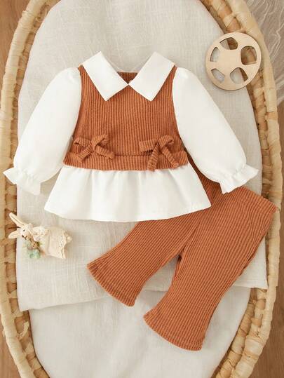 SHEIN 2pcs/Set Newborn Baby Girls Casual Outfit, Collared Color Block Top And Loose Knit Pants Set, Simple And Fashionable