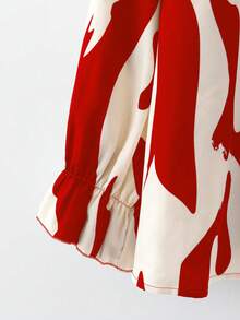 EMERY ROSE Plus Size Women V-Neck Back Tie Full Print Long Sleeve Autumn Blouse - Red - View 5