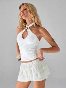 SHEIN Unity 1 件女式白色休闲/通勤/约会交叉挂脖上衣，时尚环扣设计，精致浪漫蕾丝，合身，休闲，性感，修身 - 白色 - 查看 4