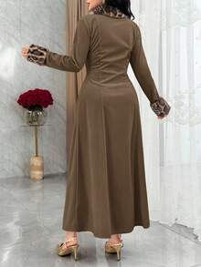Modelyn 女士优雅复古拼接仿毛皮豹纹饰边前开襟纽扣长连衣裙，秋季 - 咖啡棕 - 查看 2