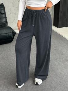 SHEIN EZwear 大码保暖抓绒抽绳腰宽松休闲裤 - 灰色 - 查看 5