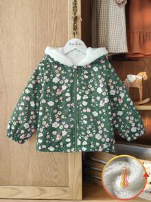 SHEIN Vintaside Kids Áo khoác nỉ có mũ trùm đầu in hoa mùa đông cho bé gái - màu xanh lá - Xem 3